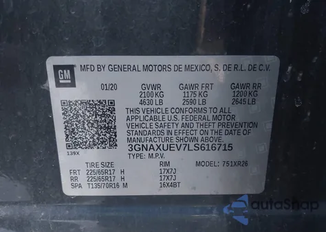 2020 Chevrolet Equinox Awd Lt 1.5L Turbo z USA, uszkodzony, nr VIN 3GNAXUEV7LS616715